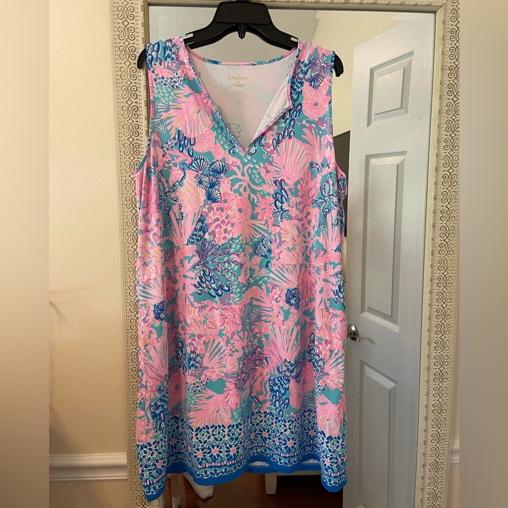 Lilly Pulitzer Pink & Blue Tropical Print Sleeveless Shift Dress